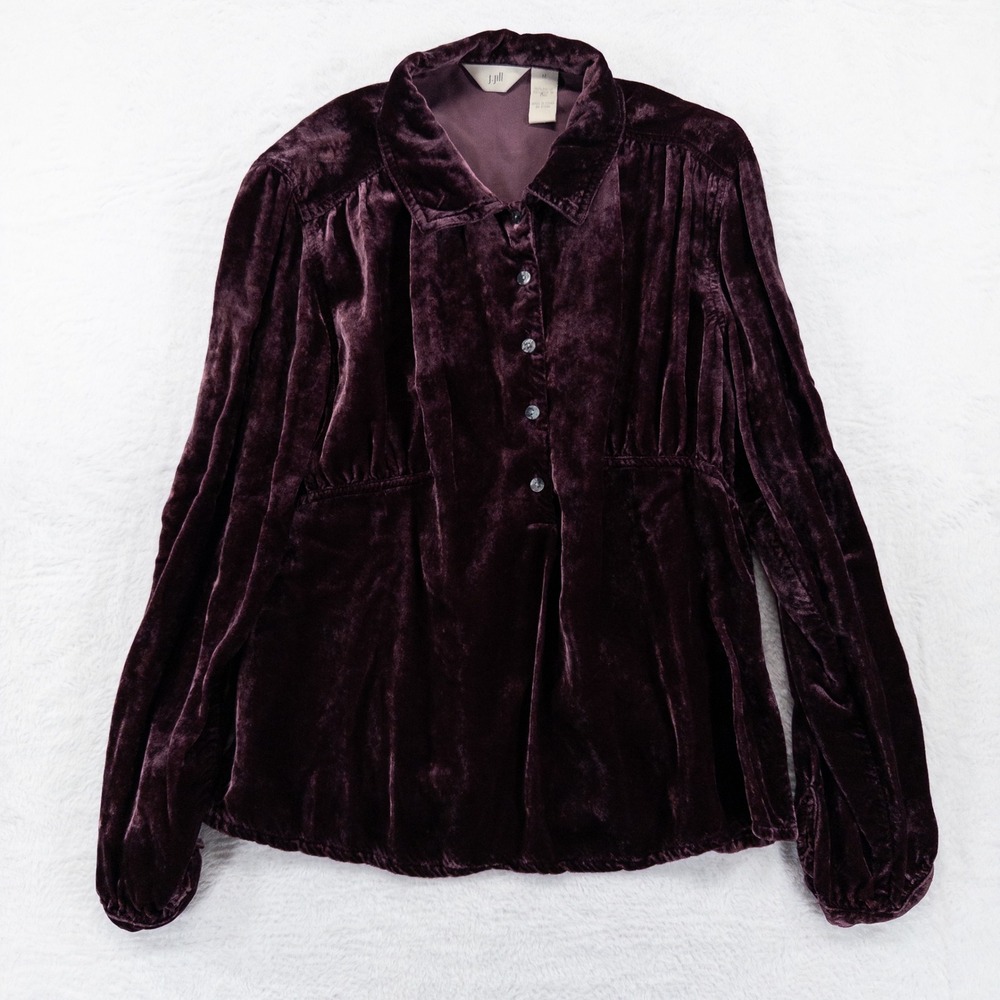 J. Jill Womens Top Size M Plum Purple Velvet Button Up Long Sleeve Blouse Boho